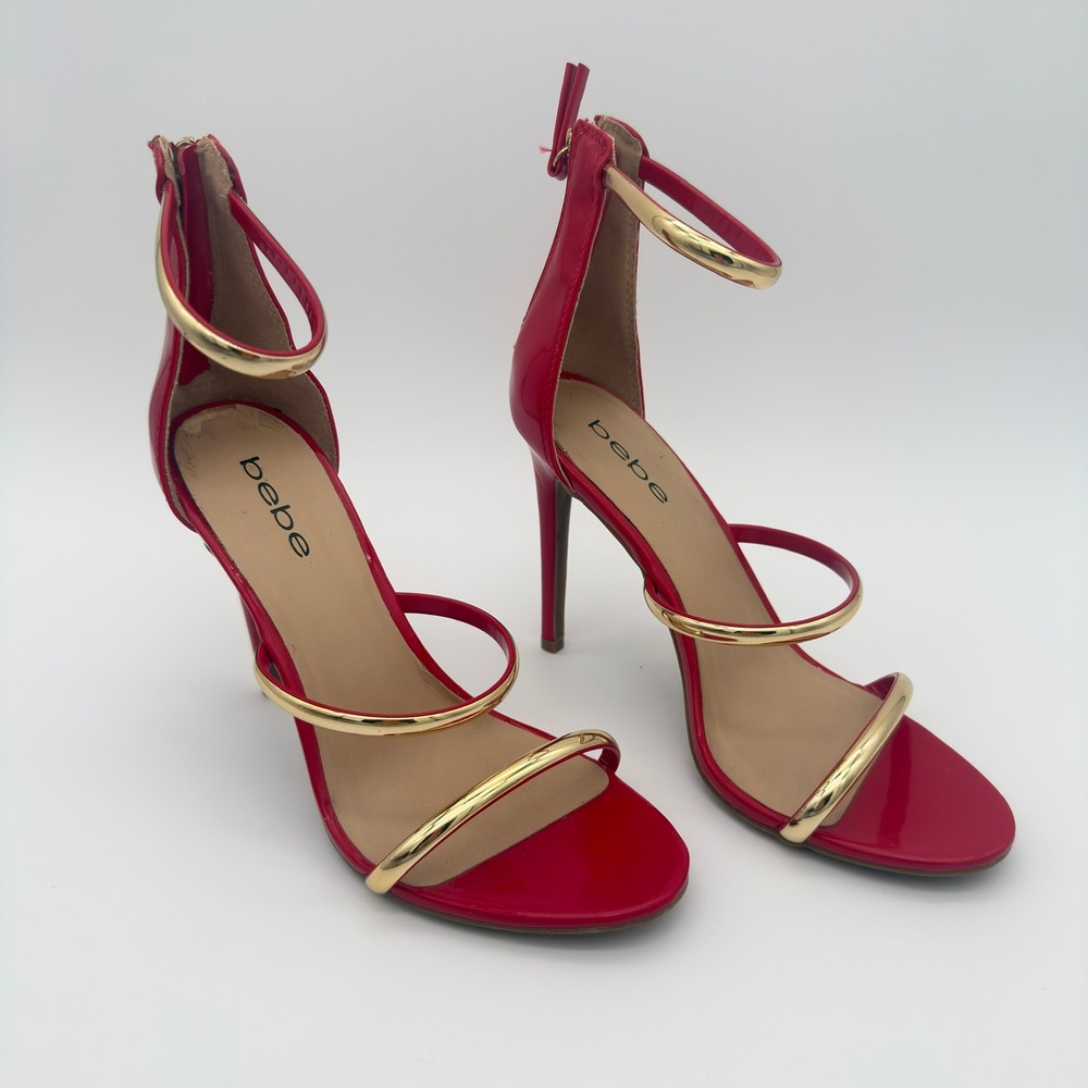 Bebe Berdine Size 8 Red Gold Strappy Stiletto Heel Sandals Back Zip
